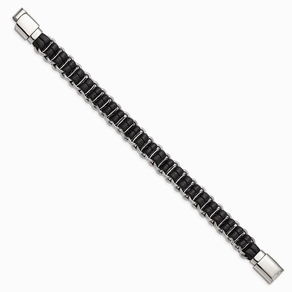 Stainless Steel Polished Black Leather 8.5in Bracelet