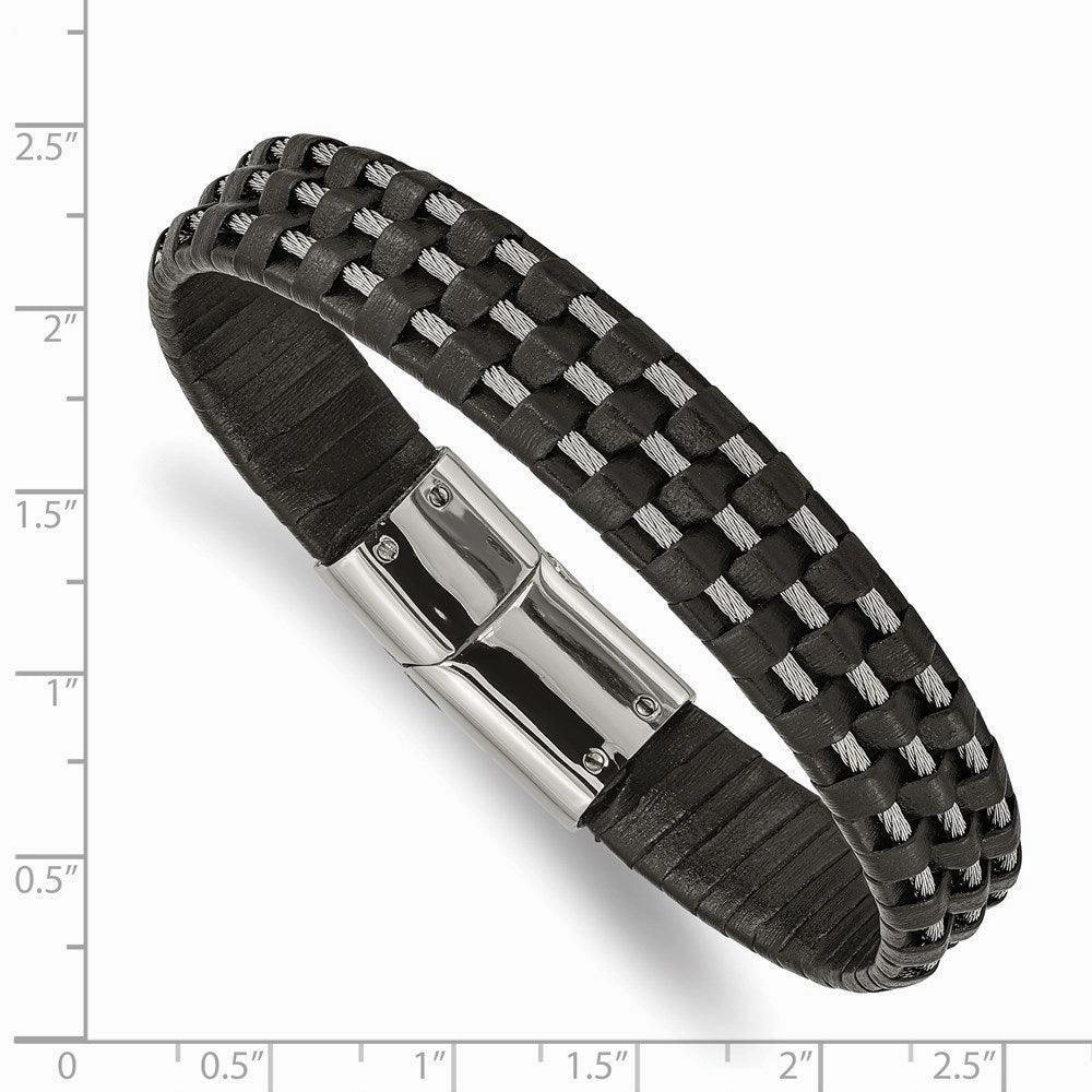Stainless Steel Polished Black Leather and Wire 8.5in Bracelet