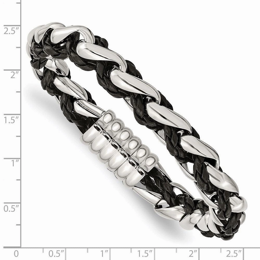 Stainless Steel Polished Black Leather Bracelet