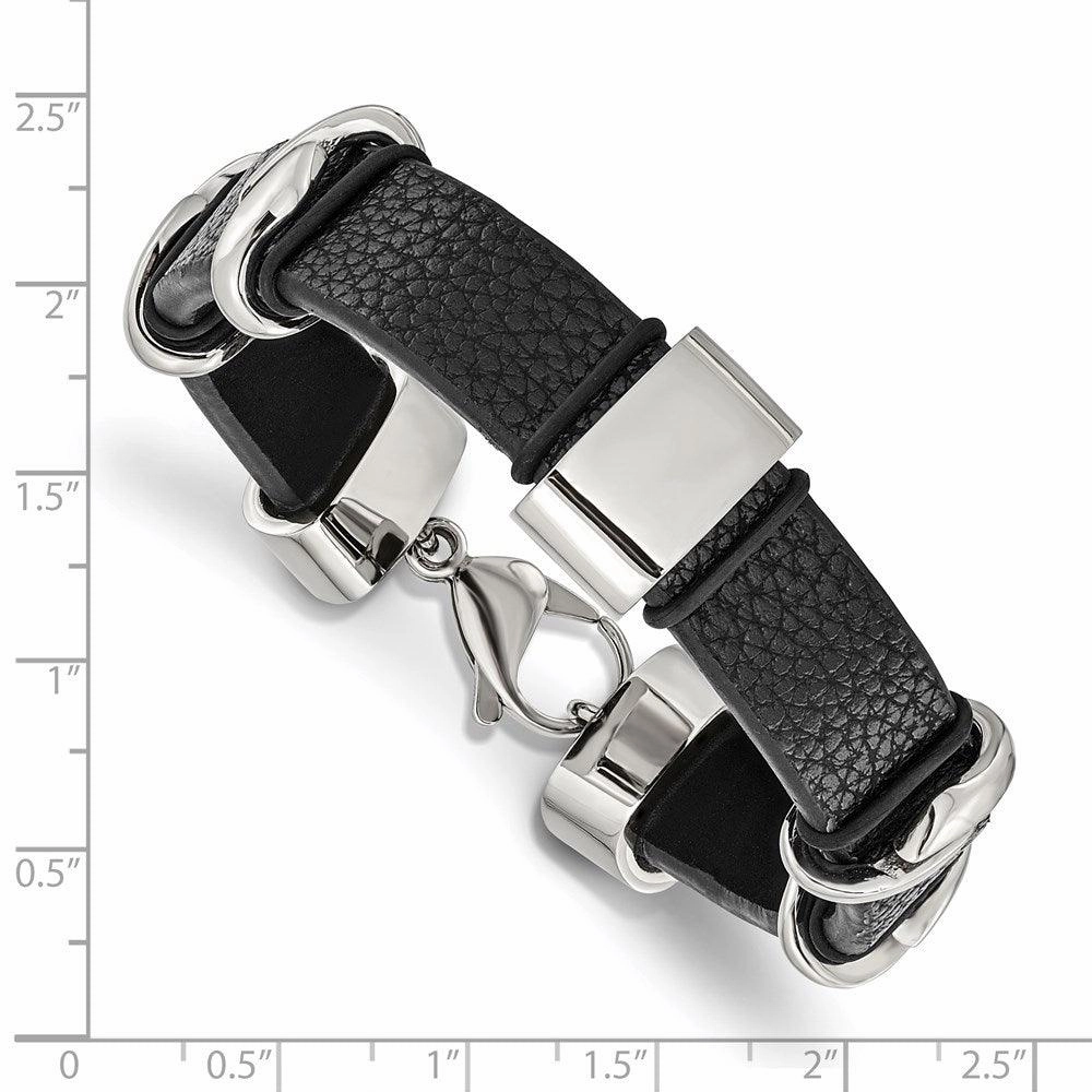 Stainless Steel Polished Black Leather Bracelet