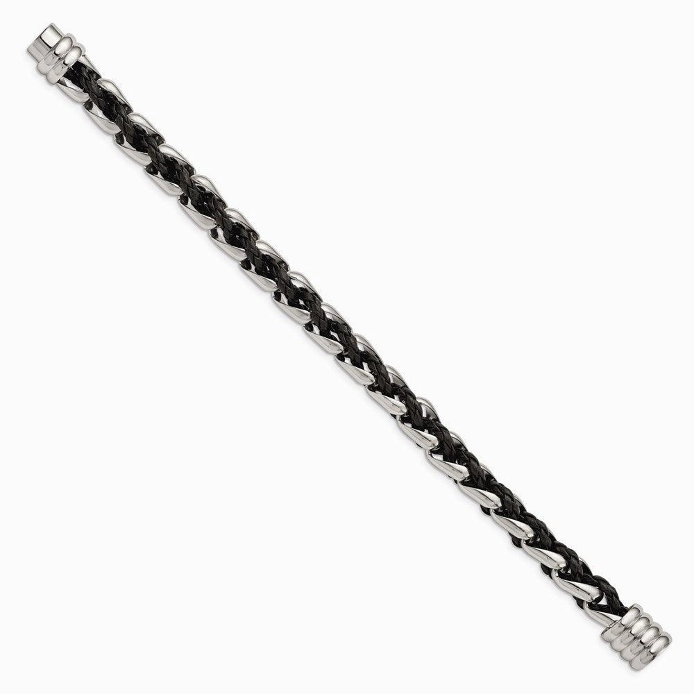 Stainless Steel Polished Black Leather Bracelet