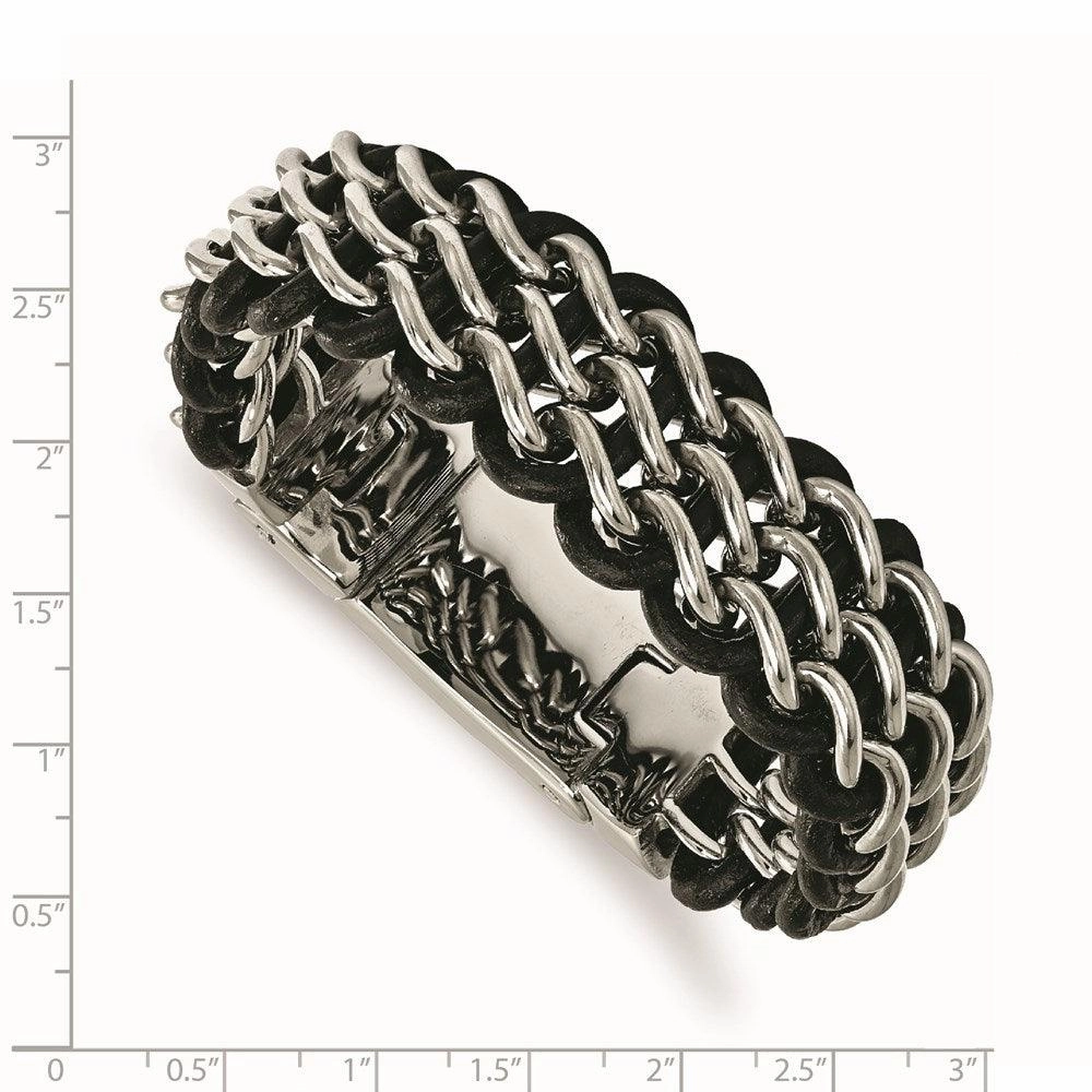 Stainless Steel Polished Black Leather Bracelet