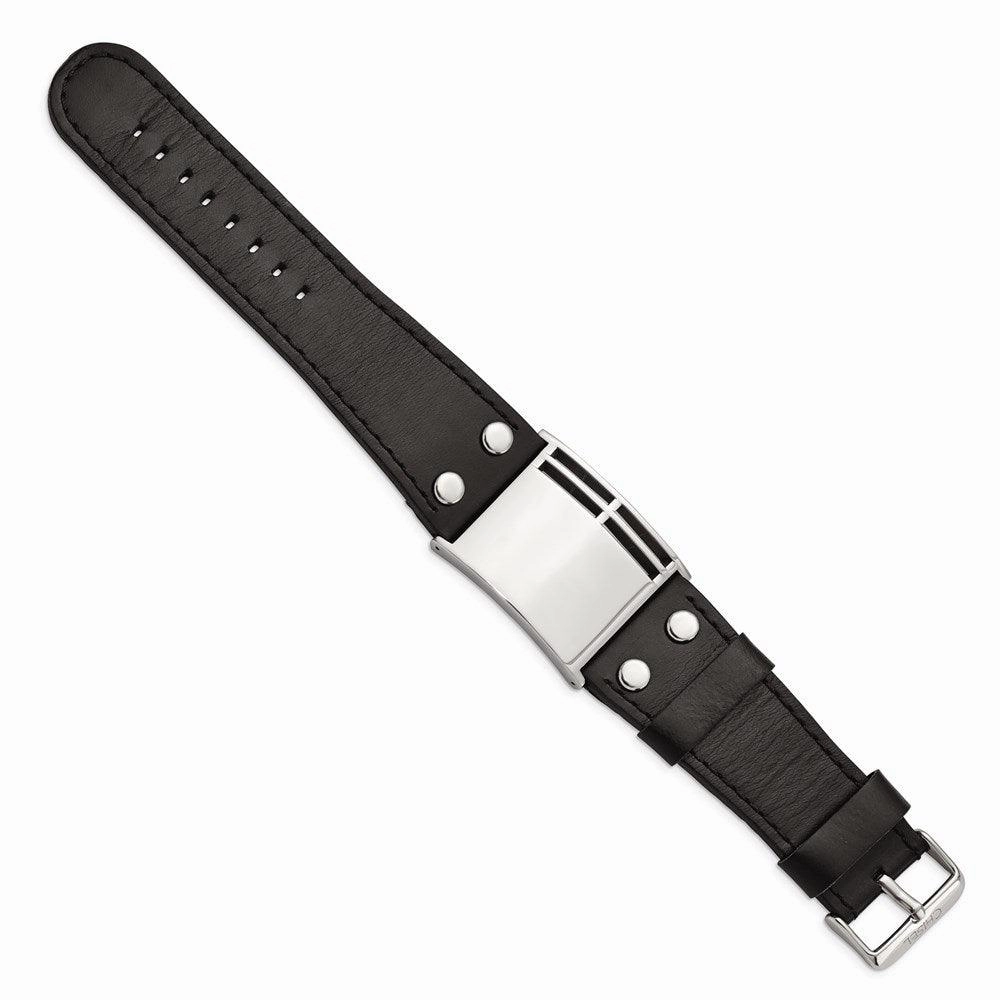 Stainless Steel Polished Black Leather Buckle Bracelet