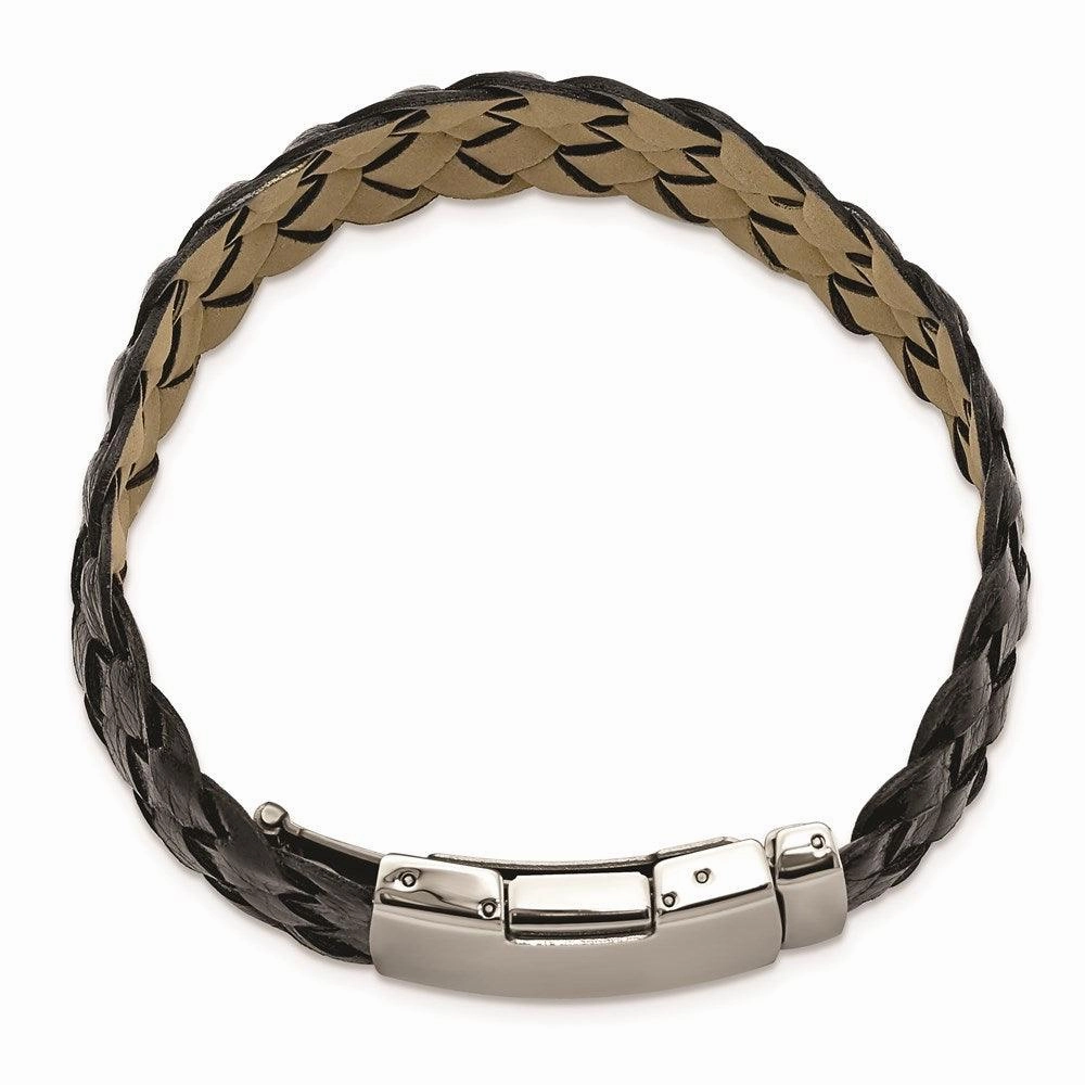 Stainless Steel Polished Black Leather Buckle Bracelet
