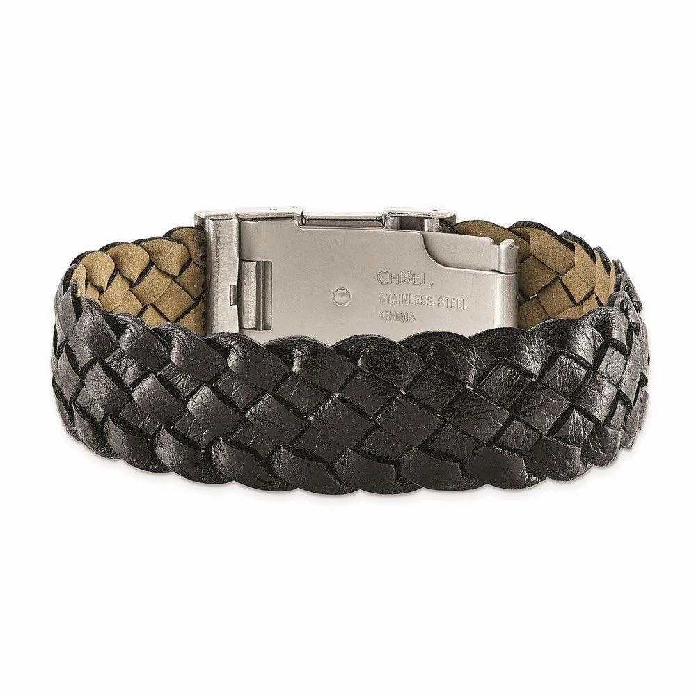 Stainless Steel Polished Black Leather Buckle Bracelet