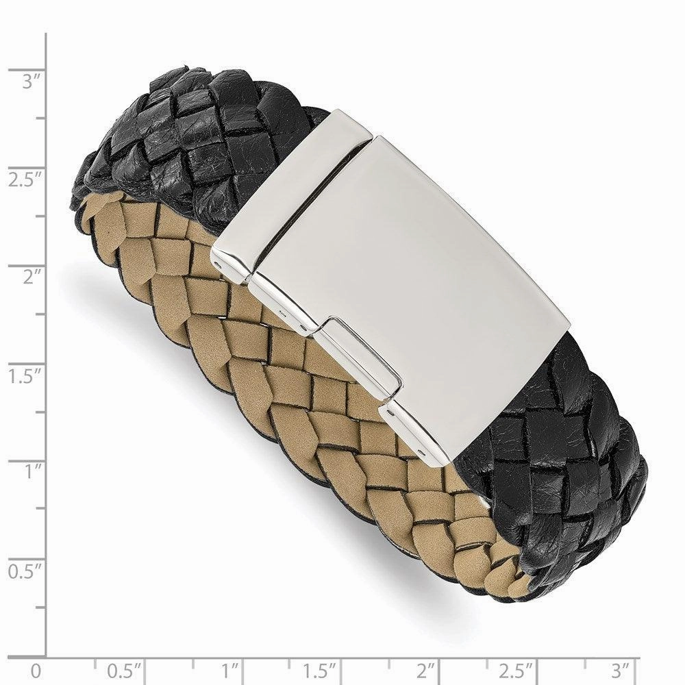Stainless Steel Polished Black Leather Buckle Bracelet
