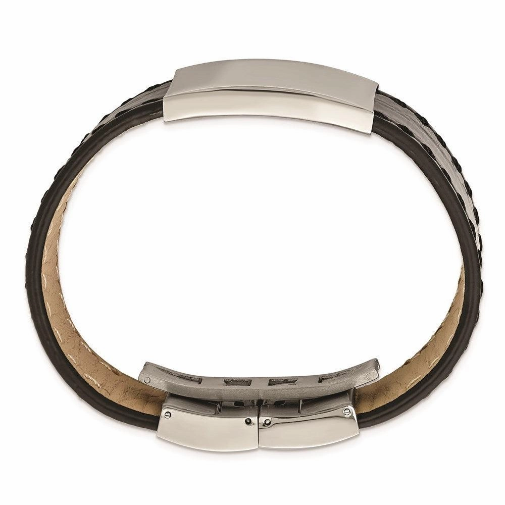 Stainless Steel Polished Black Leather ID Bracelet