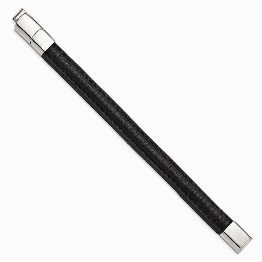 Stainless Steel Polished Black Leather w/.5in ext 7.75in Bracelet