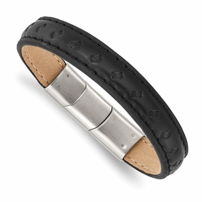 Stainless Steel Polished Black Leather w/.5in ext 7.75in Bracelet