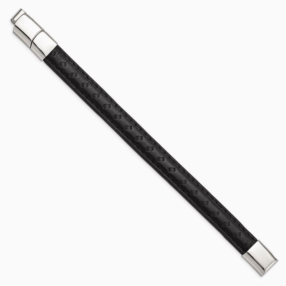 Stainless Steel Polished Black Leather w/.5in ext 7.75in Bracelet