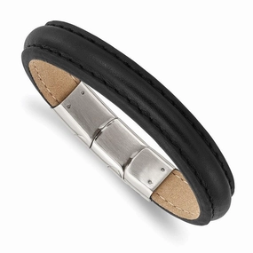 Stainless Steel Polished Black Leather w/.5in ext 7.75in Bracelet