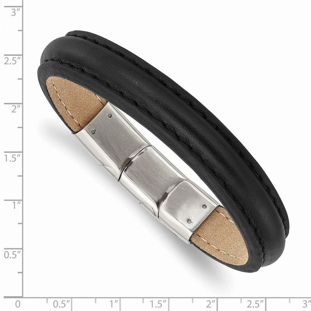 Stainless Steel Polished Black Leather w/.5in ext 7.75in Bracelet