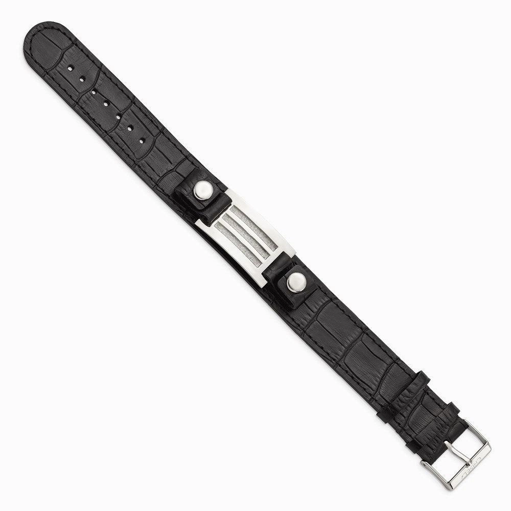 Stainless Steel Polished Black Leather w/Buckle w/Stone Finish 9.5in Brace