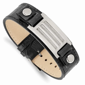 Stainless Steel Polished Black Leather w/Buckle w/Stone Finish 9.5in Brace