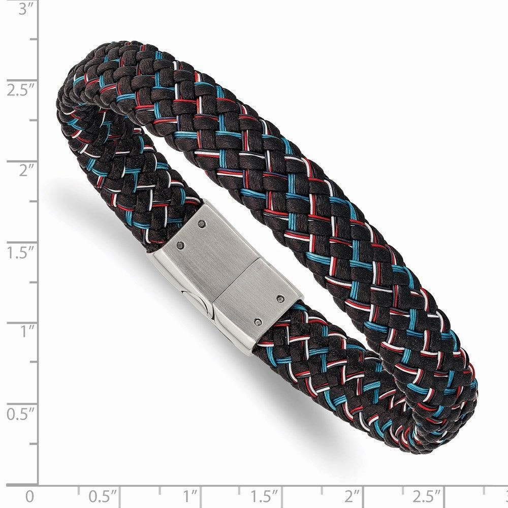 Stainless Steel Polished Black Leather w/Multi-color Wire 8.25in Bracelet