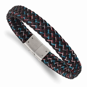 Stainless Steel Polished Black Leather w/Multi-color Wire 8.25in Bracelet