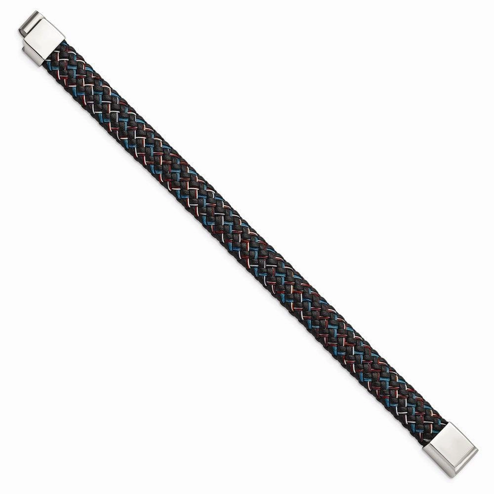 Stainless Steel Polished Black Leather w/Multi-color Wire 8.25in Bracelet