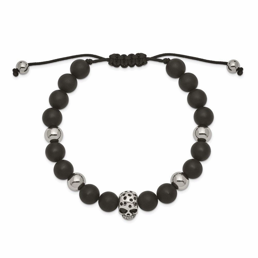 Stainless Steel Polished Black Onyx Beaded Skull Adj. Bracelet
