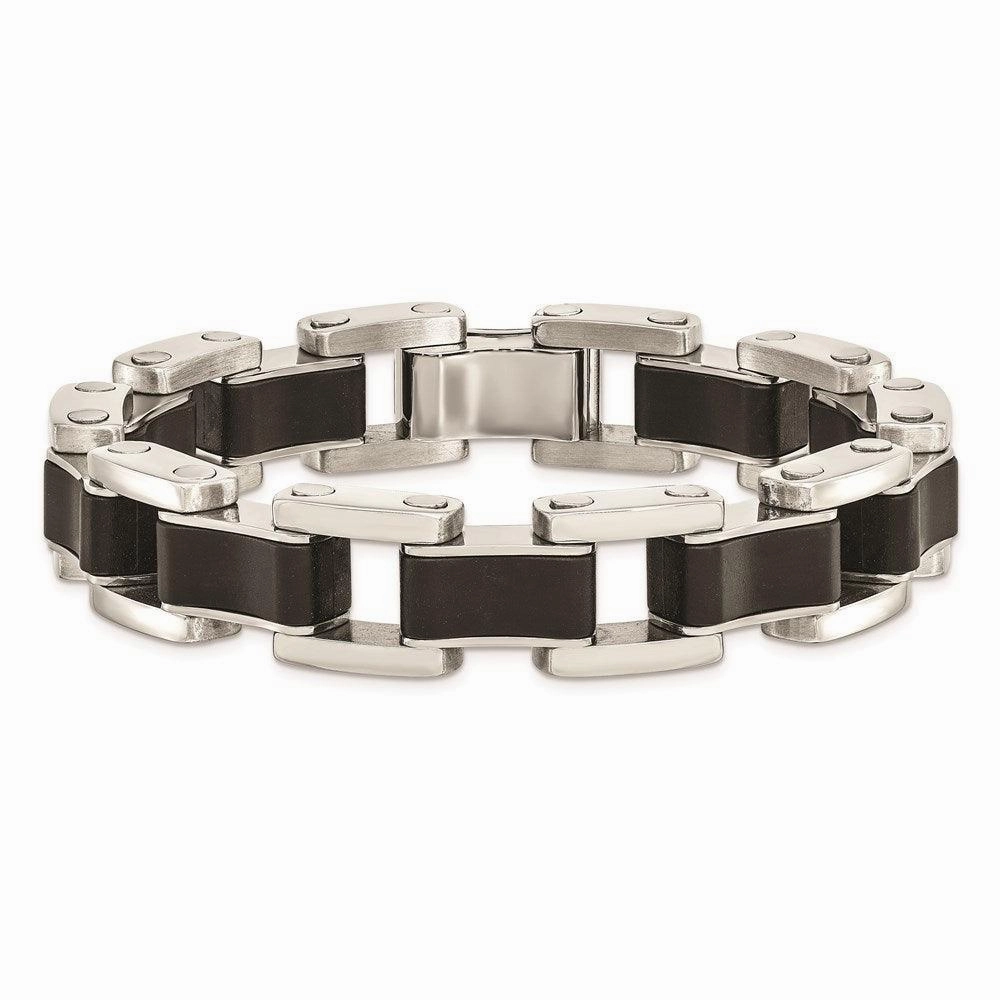 Stainless Steel Polished Black Rubber Bracelet