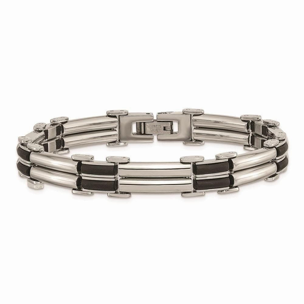 Stainless Steel Polished Black Rubber Bracelet