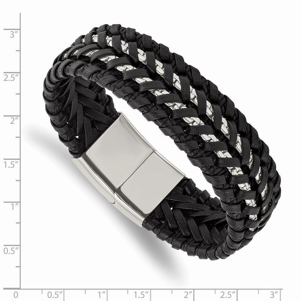 Stainless Steel Polished Black Woven Leather and Chain 8.5in Bracelet