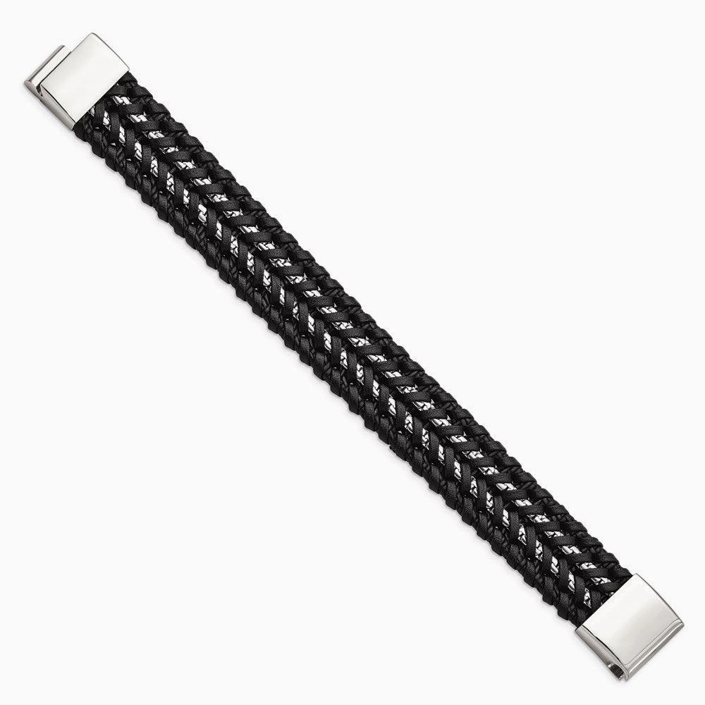 Stainless Steel Polished Black Woven Leather and Chain 8.5in Bracelet
