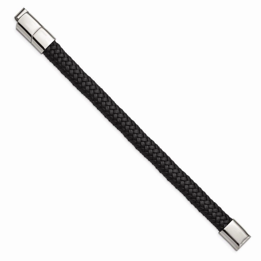 Stainless Steel Polished Black Woven Leather w/.5in ext 8in Bracelet