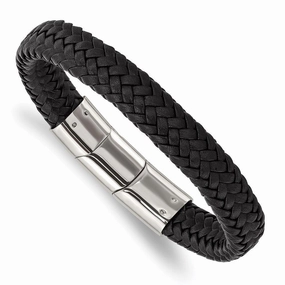 Stainless Steel Polished Black Woven Leather w/.5in ext 8in Bracelet