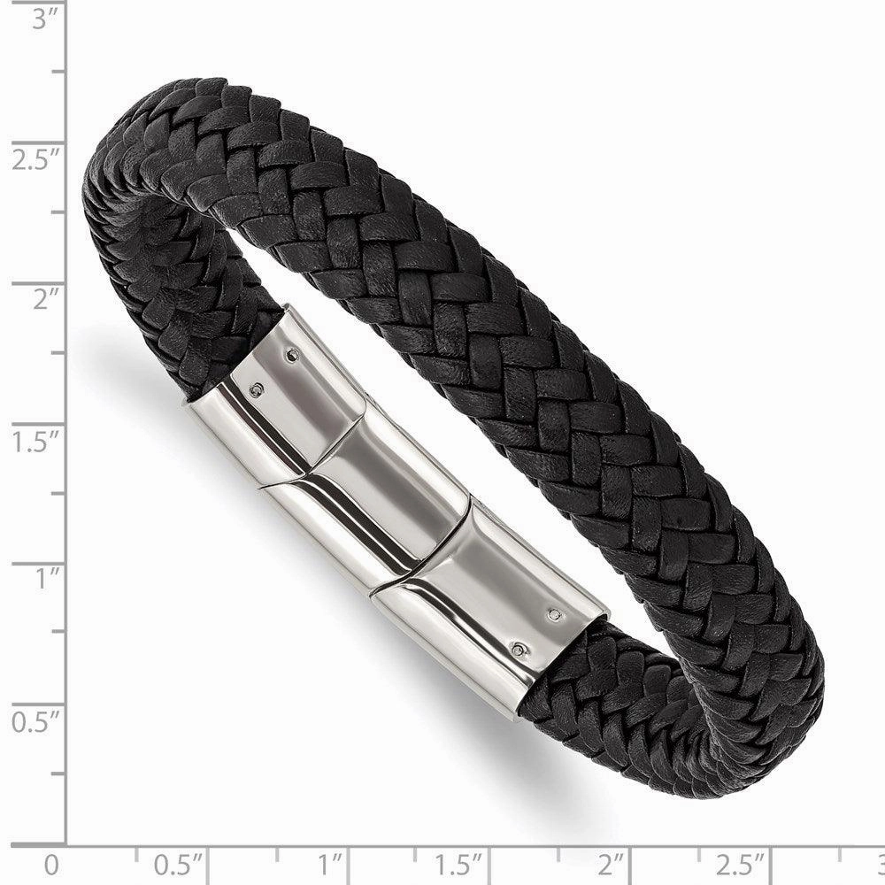 Stainless Steel Polished Black Woven Leather w/.5in ext 8in Bracelet