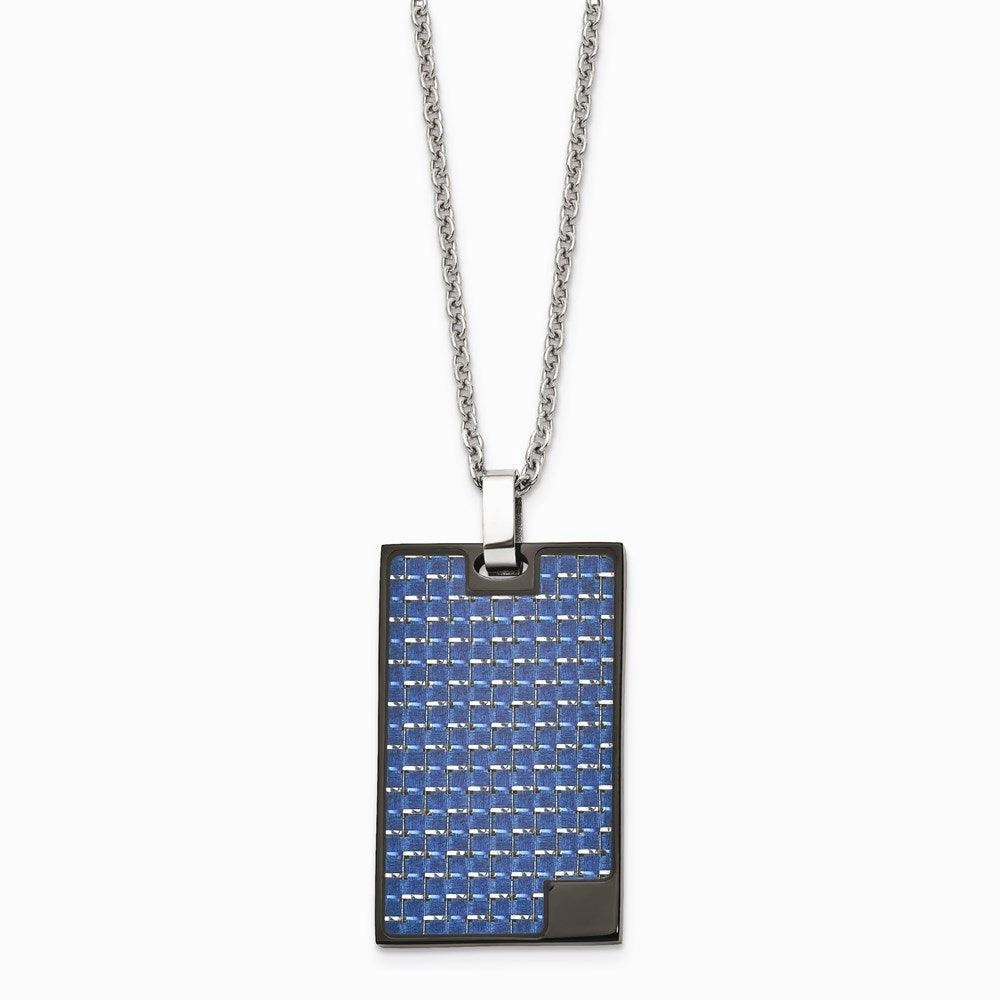 Stainless Steel Polished BlackIP-plated w/Blue Carbon Fiber Inlay Necklace