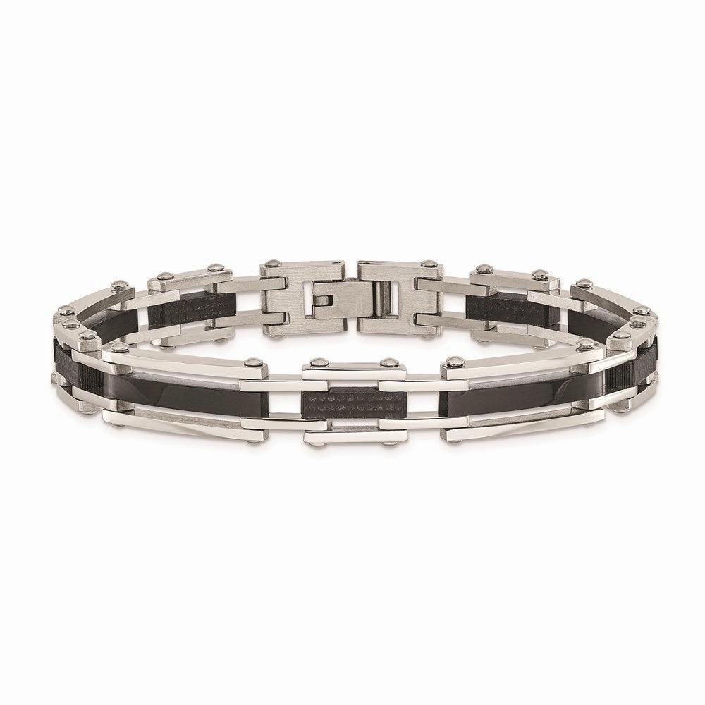Stainless Steel Polished Blk IP-plated Solid Black Carbon Fiber Links Brac