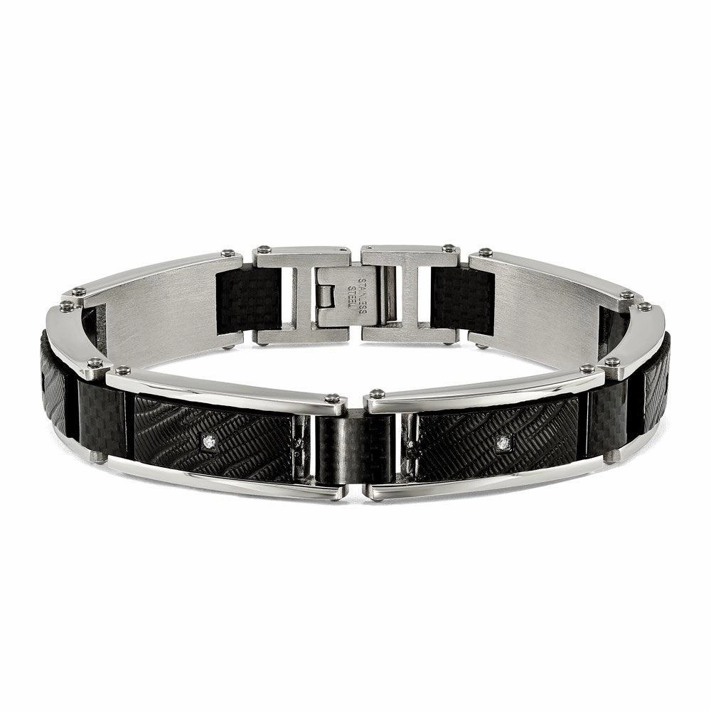 Stainless Steel Polished Blk IP w/CZ and Black Carbon Fiber 8.75in Bracelet