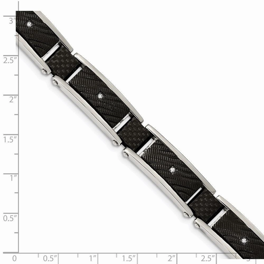 Stainless Steel Polished Blk IP w/CZ and Black Carbon Fiber 8.75in Bracelet