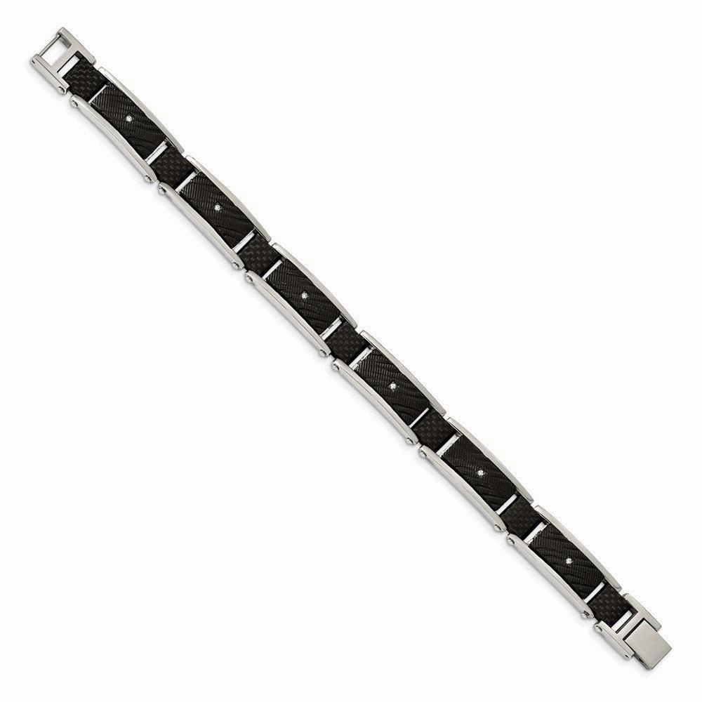 Stainless Steel Polished Blk IP w/CZ and Black Carbon Fiber 8.75in Bracelet