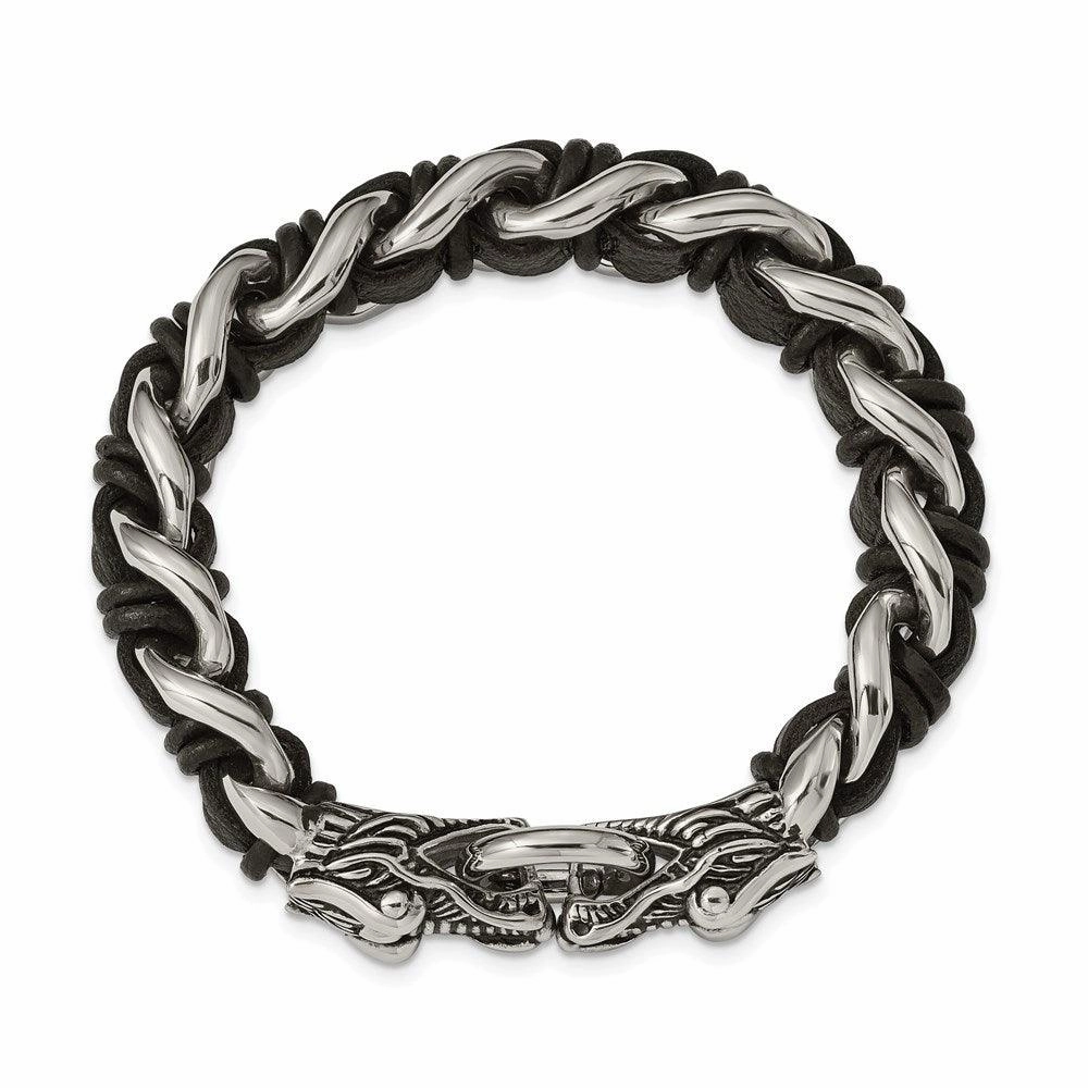 Stainless Steel Polished Blk Leather Antiqued Dragon Head Bracelet