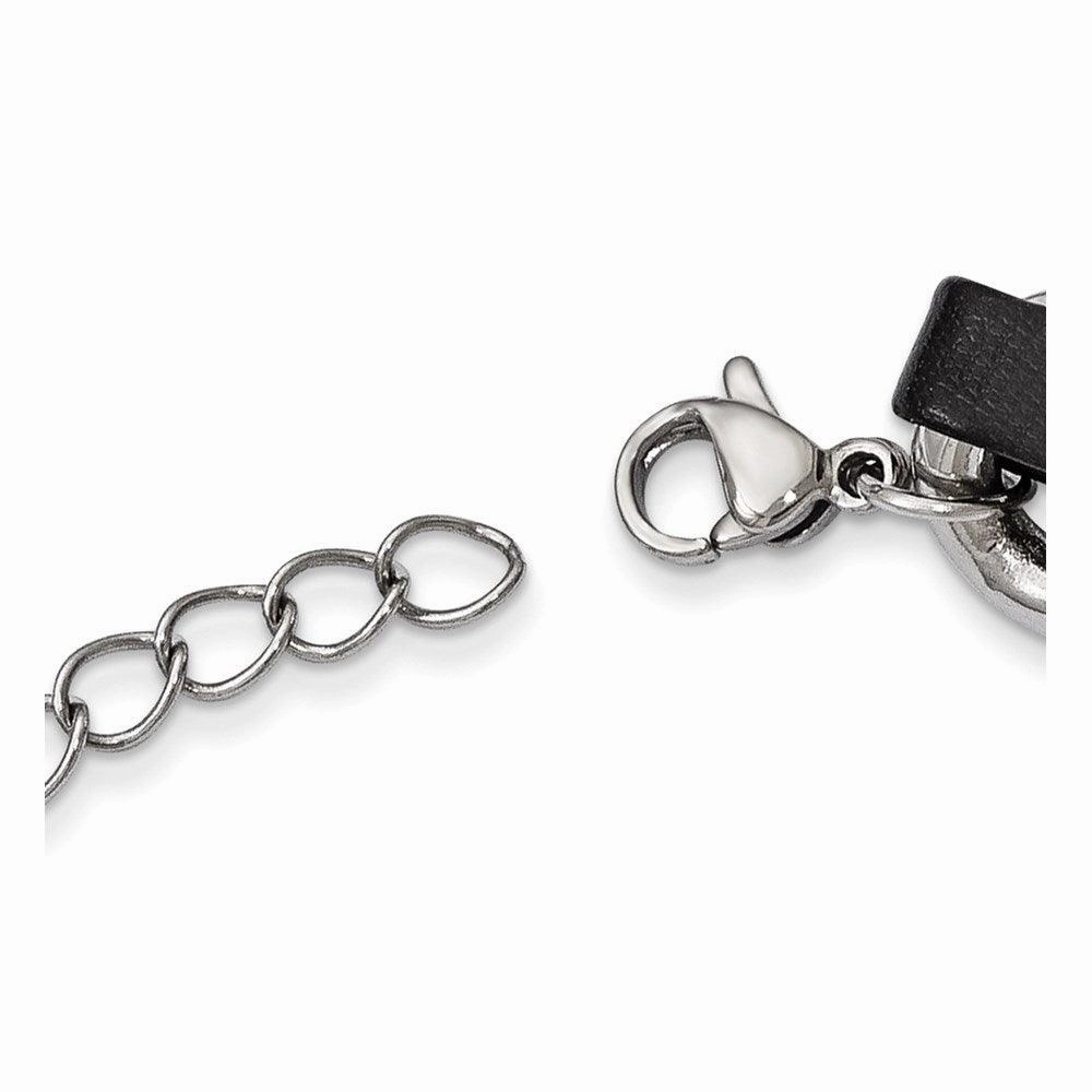 Stainless Steel Polished Blk Leather w/2in. Ext. Curb Choker Necklace
