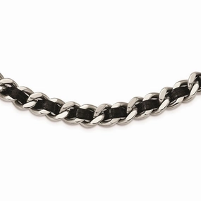 Stainless Steel Polished Blk Leather w/2in. Ext. Curb Choker Necklace
