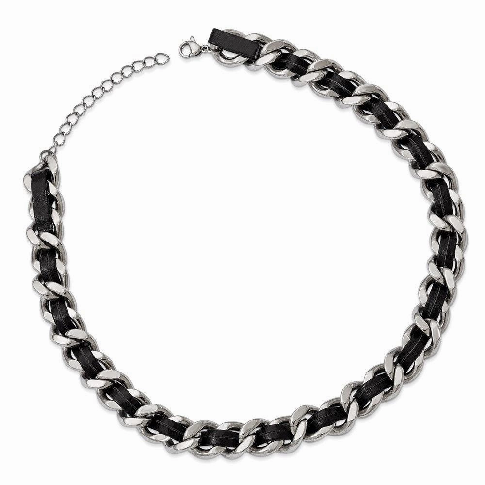 Stainless Steel Polished Blk Leather w/2in. Ext. Curb Choker Necklace