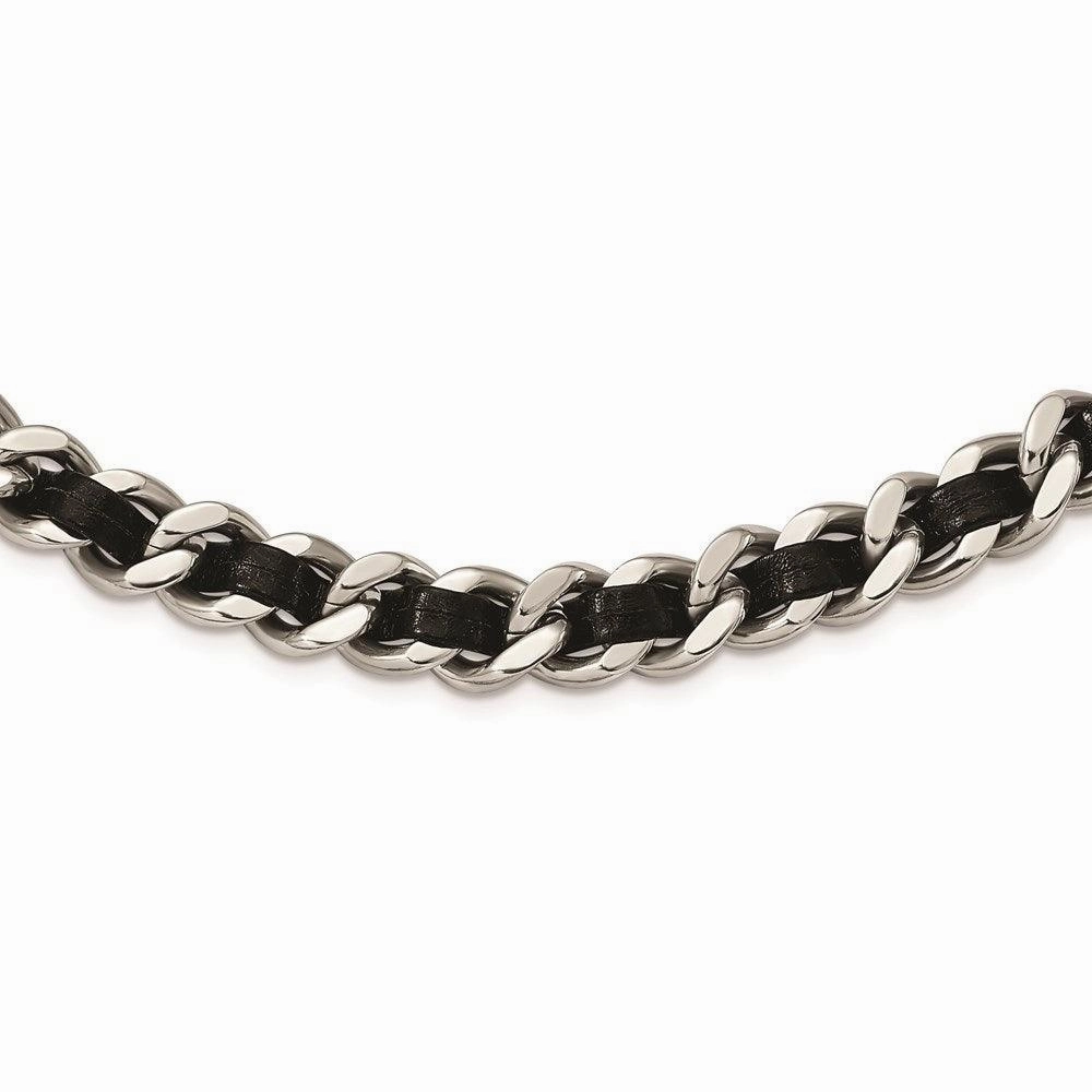 Stainless Steel Polished Blk Leather w/2in. Ext. Curb Choker Necklace