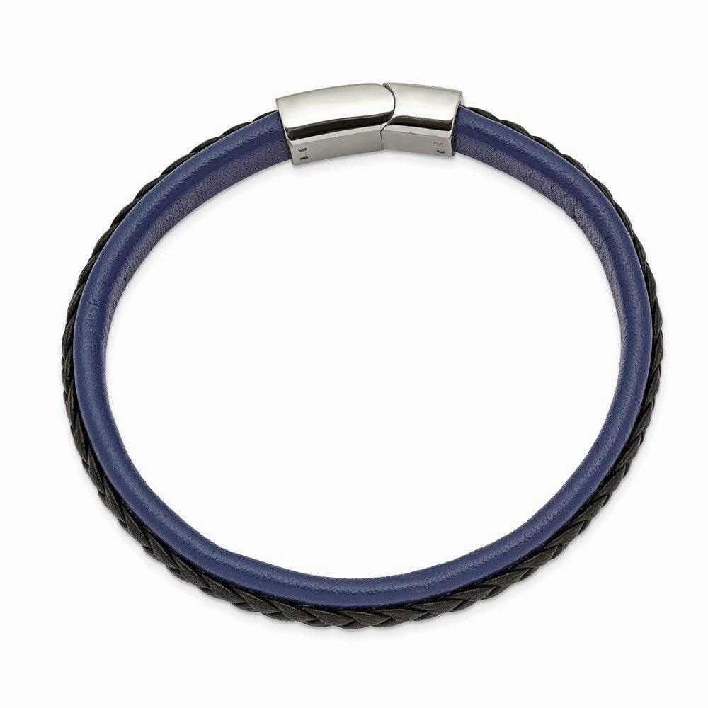 Stainless Steel Polished Blue and Black Faux Leather 8.25in Bracelet