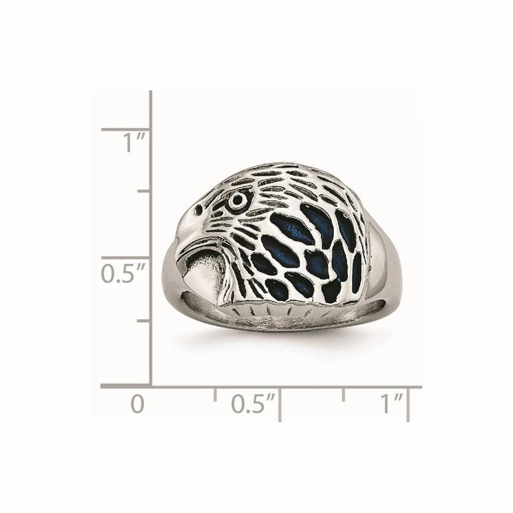 Stainless Steel Polished Blue Enamel Eagle Ring