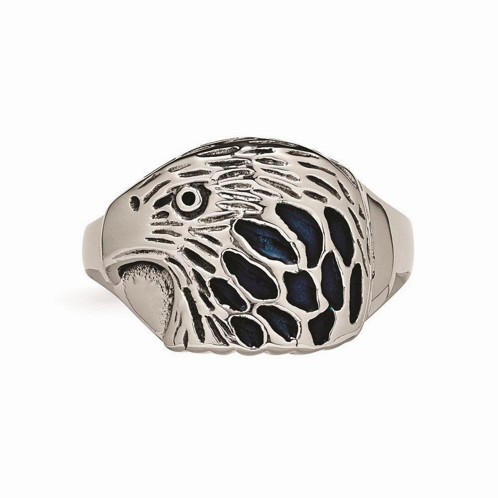 Stainless Steel Polished Blue Enamel Eagle Ring