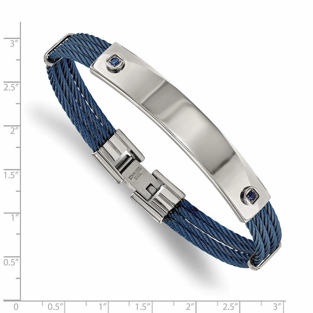 Stainless Steel Polished Blue IP-plated Cable Blue CZ 7.25in ID Bracelet