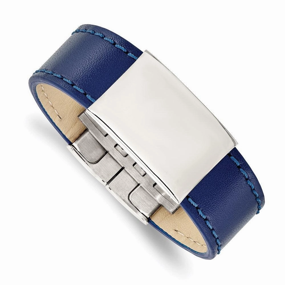 Stainless Steel Polished Blue Leather 8.25in ID Bracelet