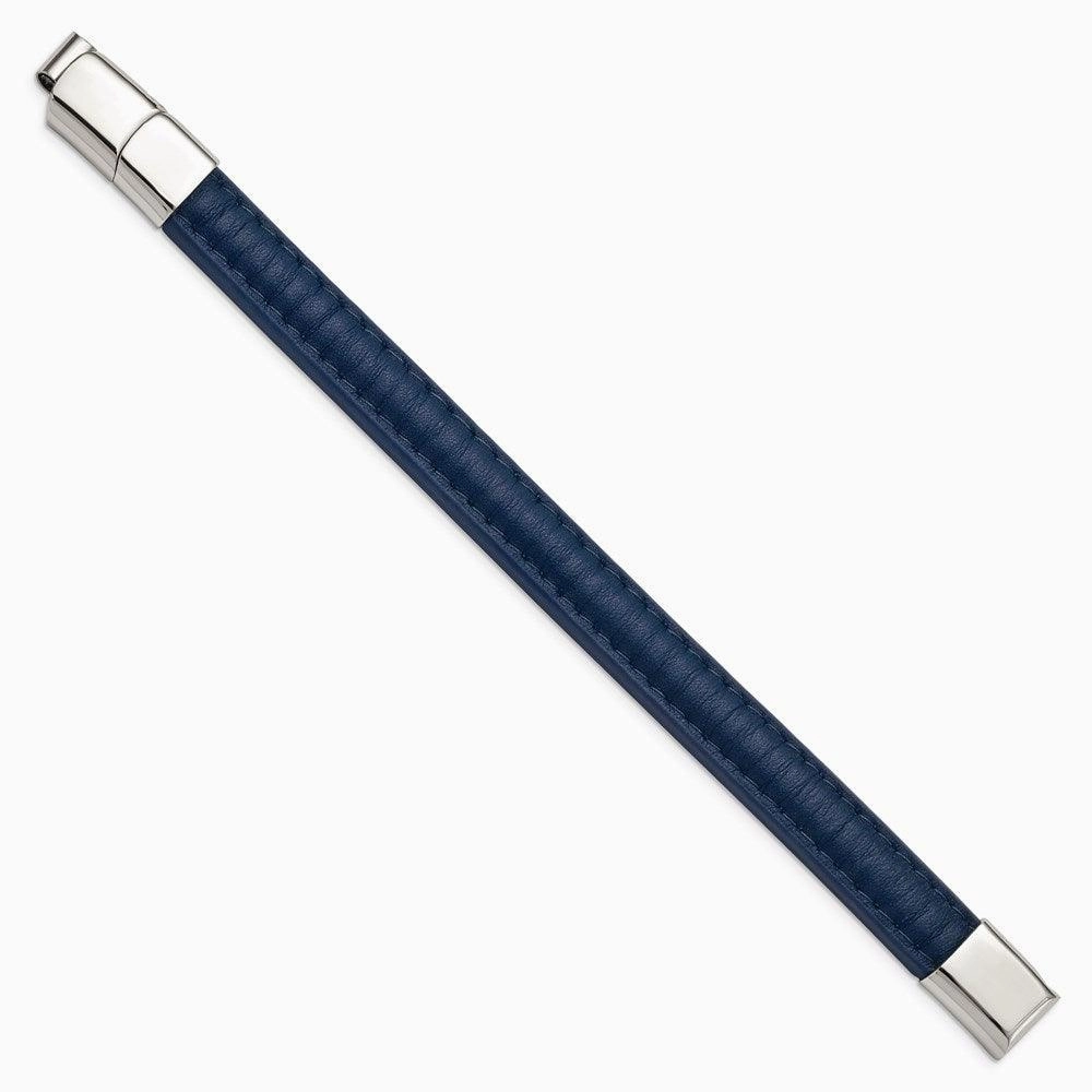 Stainless Steel Polished Blue Leather w/.5in ext 7.75in  Bracelet