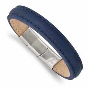 Stainless Steel Polished Blue Leather w/.5in ext 7.75in  Bracelet