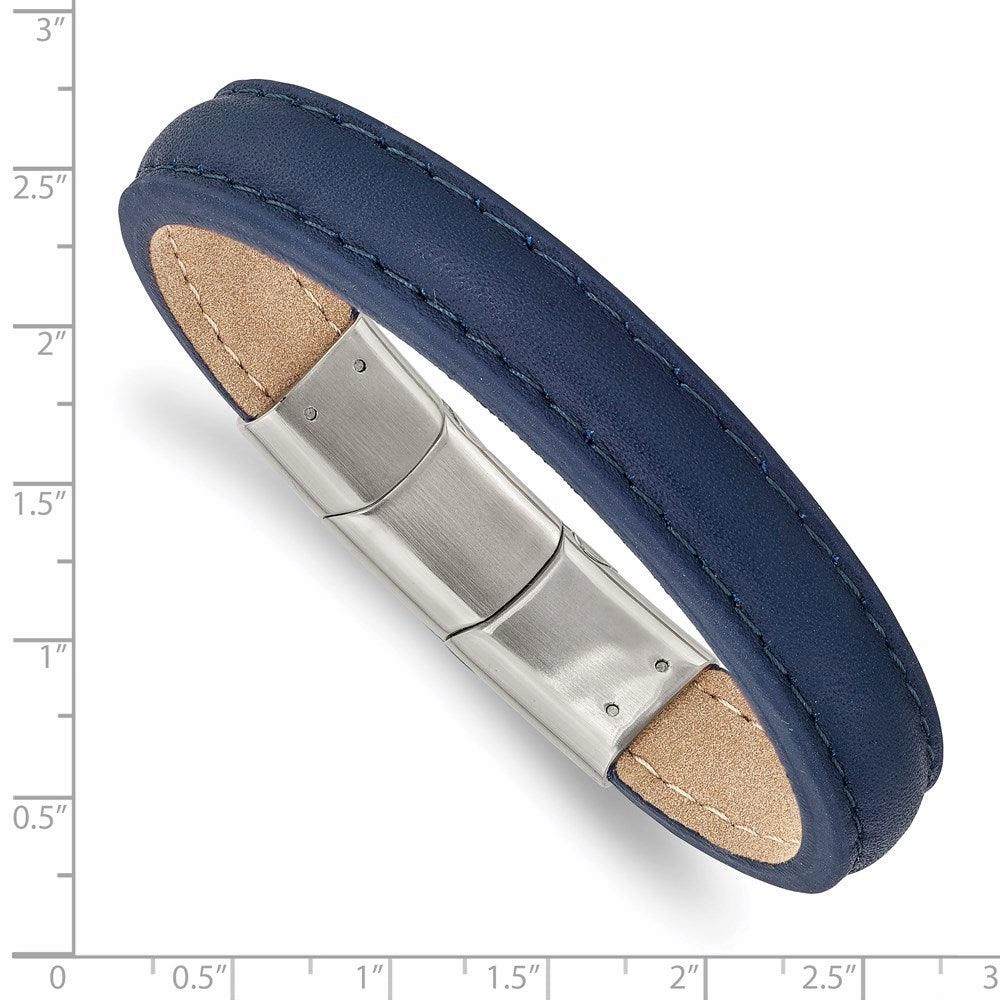 Stainless Steel Polished Blue Leather w/.5in ext 7.75in  Bracelet