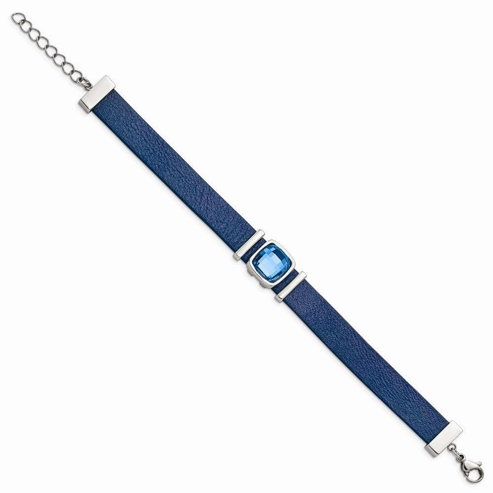 Stainless Steel Polished Blue Leather w/Crystal w/1.25in ext 7in Bracelet