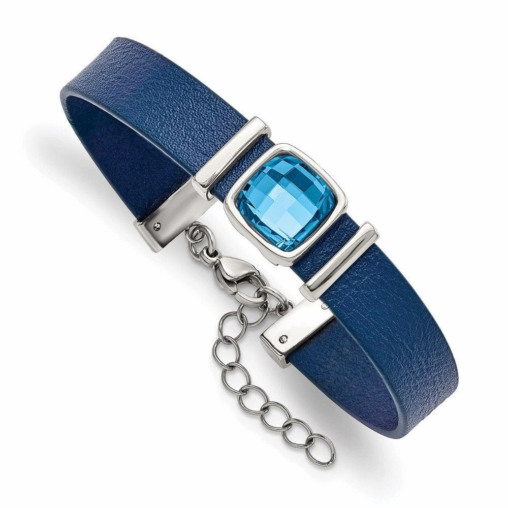 Stainless Steel Polished Blue Leather w/Crystal w/1.25in ext 7in Bracelet