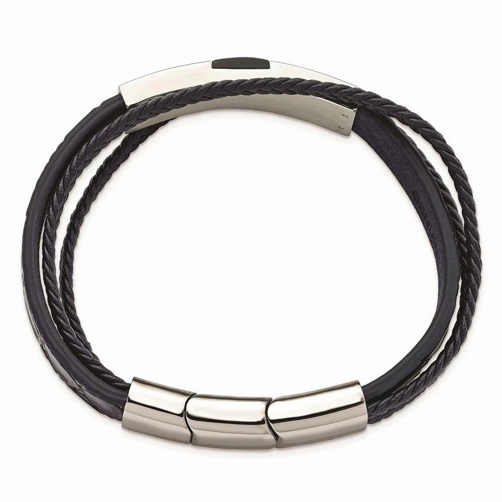 Stainless Steel Polished Blue Wood Blue Leather w/.5in ext 8in Bracelet